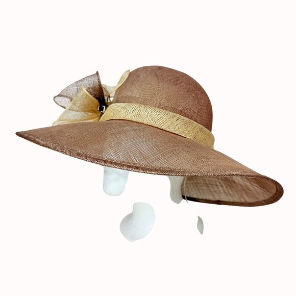 August Wide Brim Straw Hat Natural Feather Bow Vintage Elegant Church Derby - Picture 3 of 14